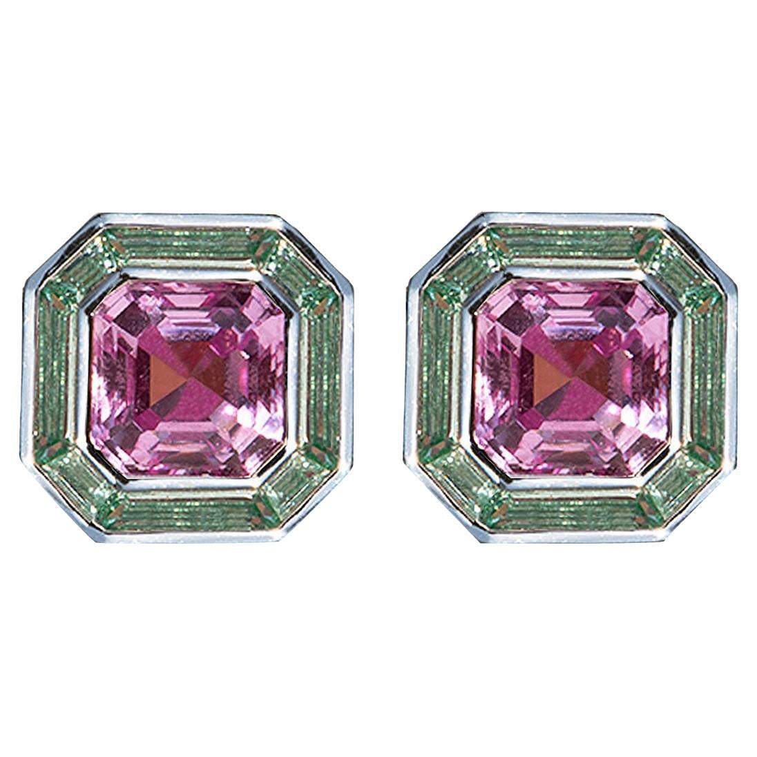 Luminous Asscher Stud Earrings, Pink & Green Sapphire, Silver, 5.40ct
