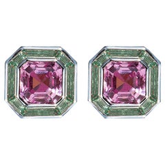 Luminous Asscher Stud Earrings, Pink & Green Sapphire, Silver, 5.40ct