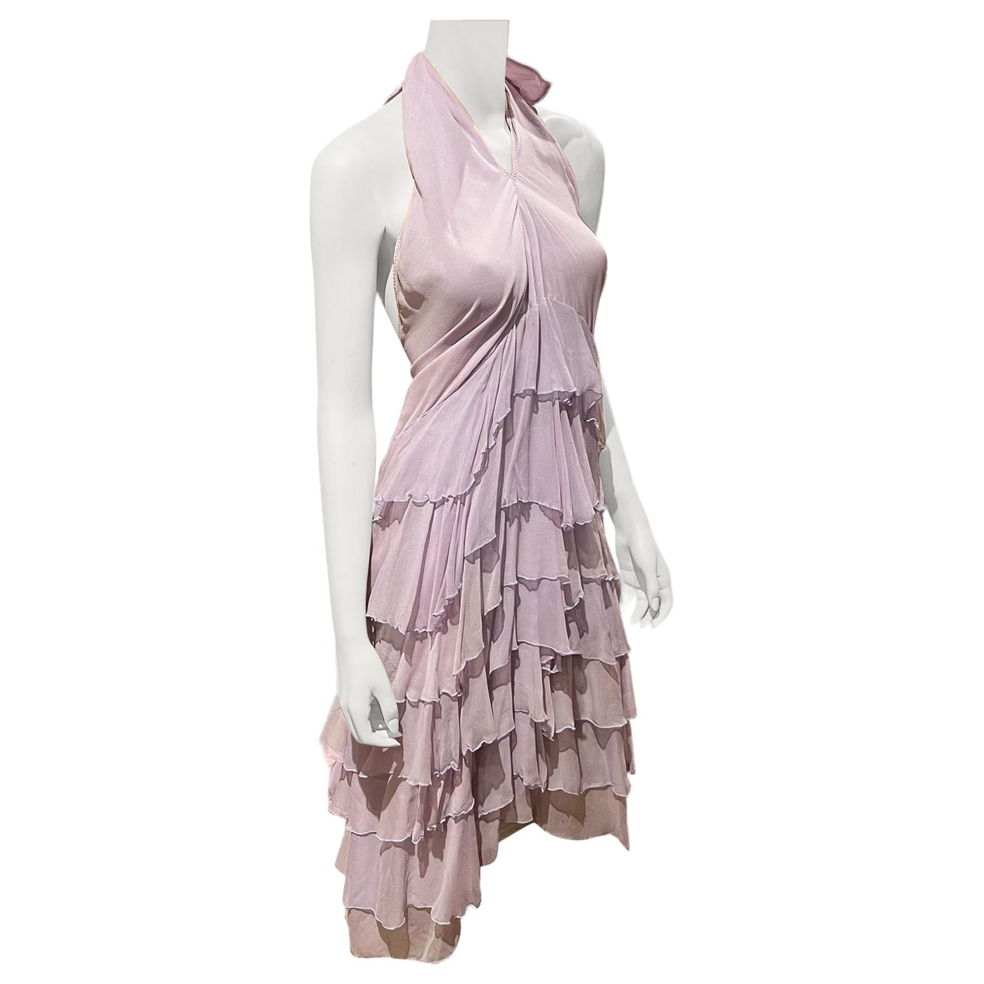 Y2K Stephen Burrows Silk Chiffon Lilac Layered Ruffled Halter Dress  For Sale