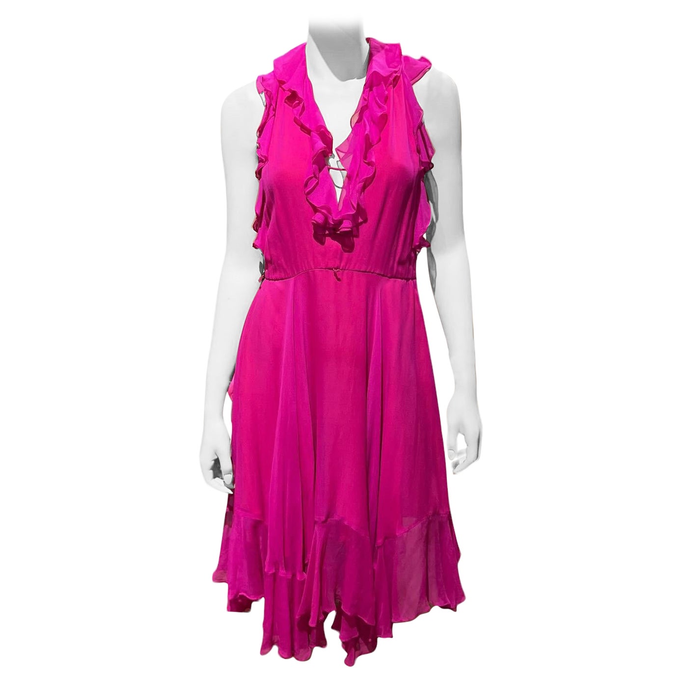 Y2K Stephen Burrows Fuchsia Silk Chiffon Ruffle Dress For Sale