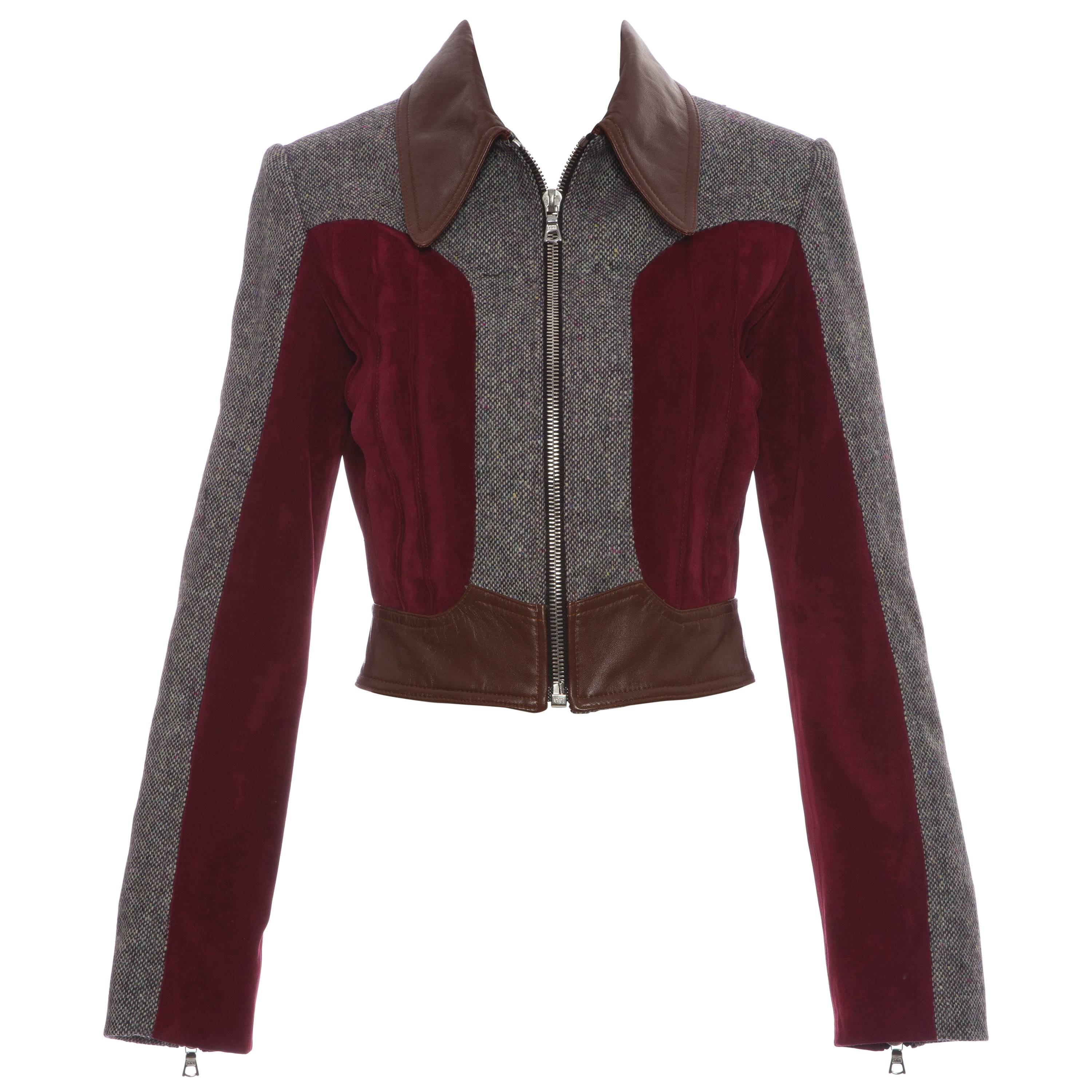 Rodarte Runway Wool Tweed Leather & Suede Zip Front Jacket, Spring 2016 For Sale