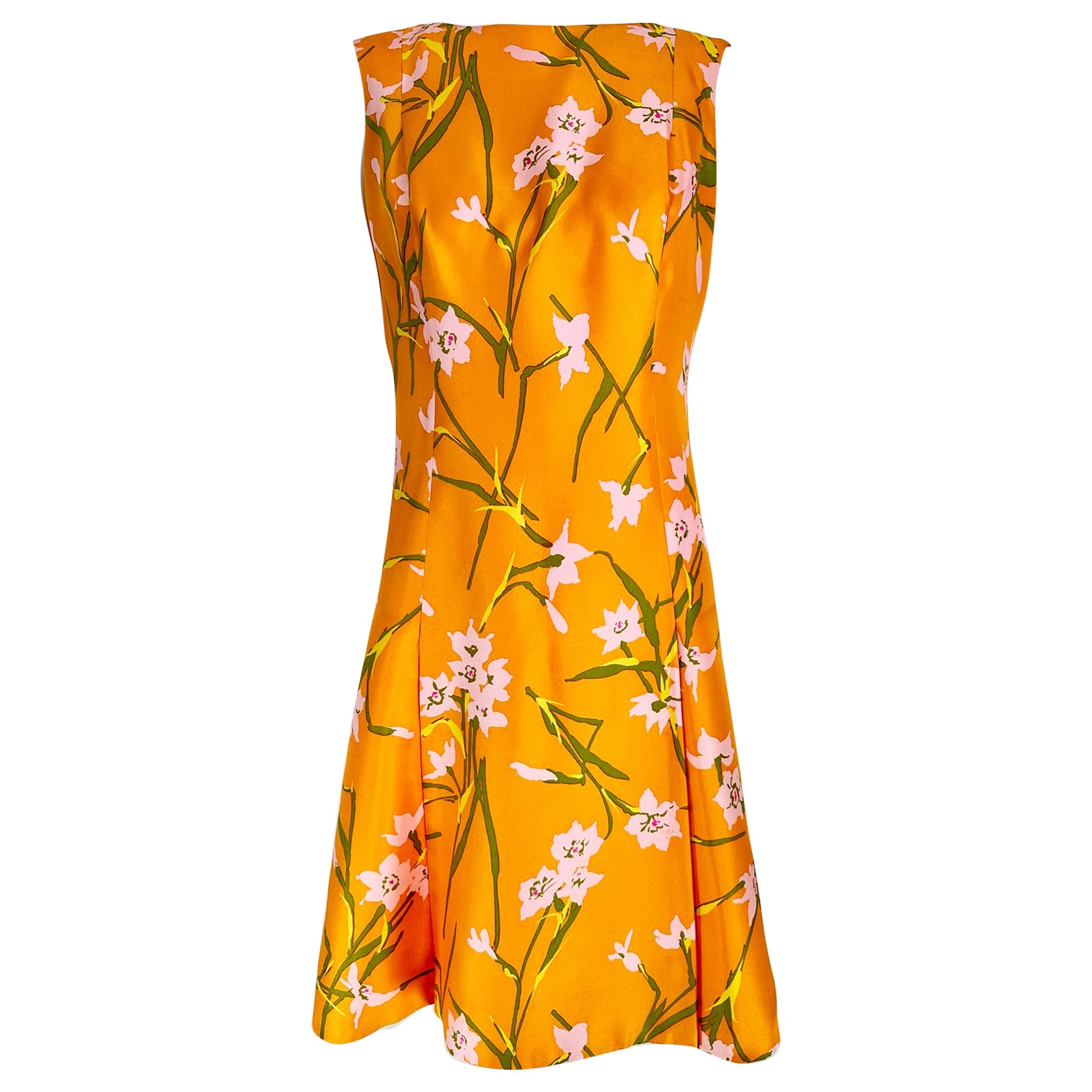Sarmi Orange Floral Printed Silk Inverted Pleat Skirt Sleeveless Dress 1960s For Sale