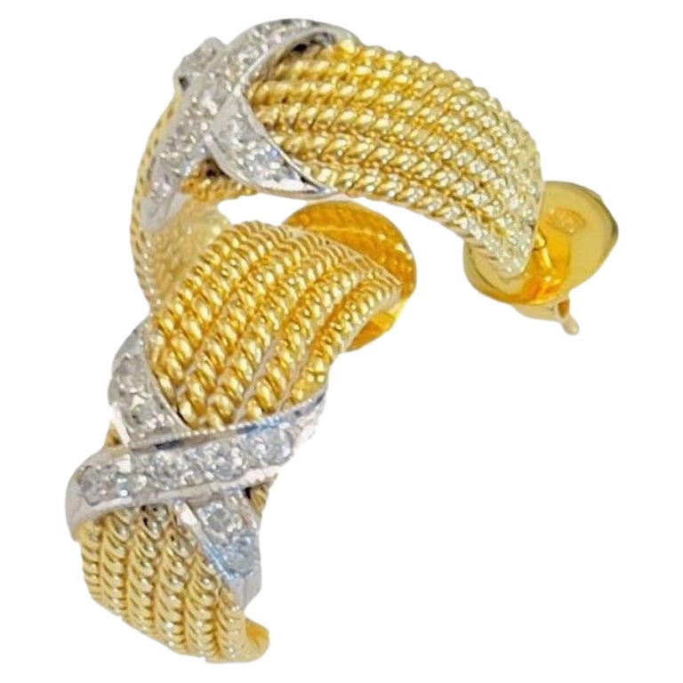 Stunning 14K Gold & Diamond X Cable Half Hoop Earrings For Sale