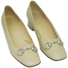 1990's Gucci Beige Leather Low Heels with Silver Horsebit