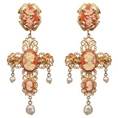 Dolce & Gabbana - Baroque Filigree Pearl Cameo Crystal Cross Earrings Gold
