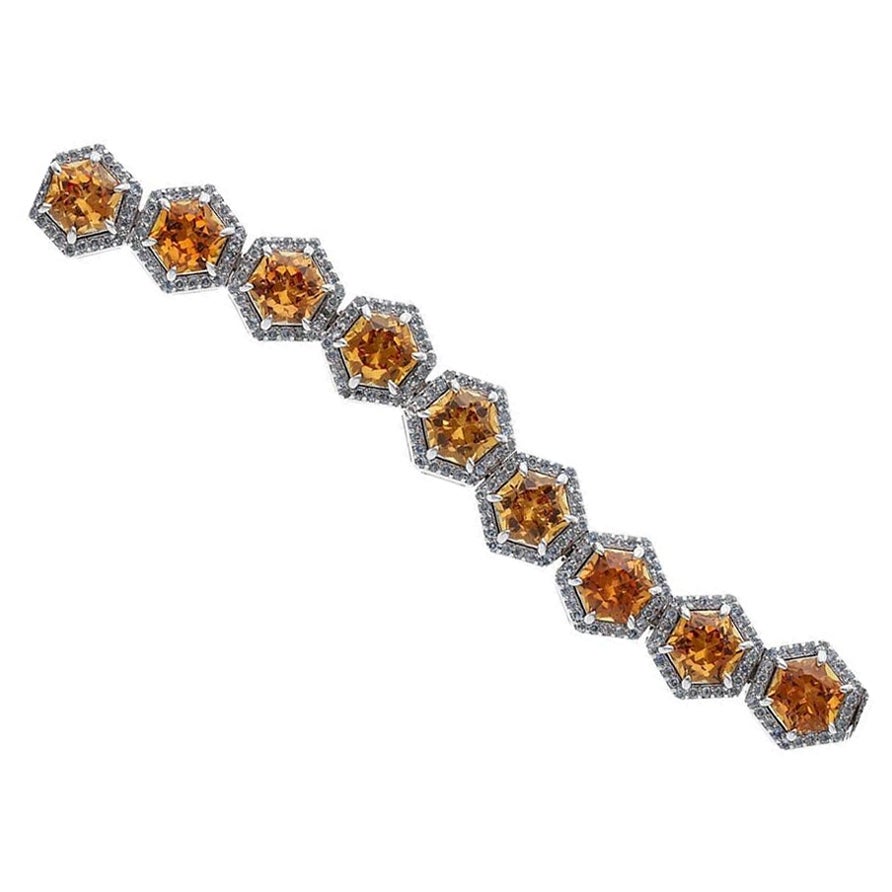  Golden Honeycomb Hexagon Tennis Bracelet 10kt, Aquamarine & Yellow Sapphires For Sale