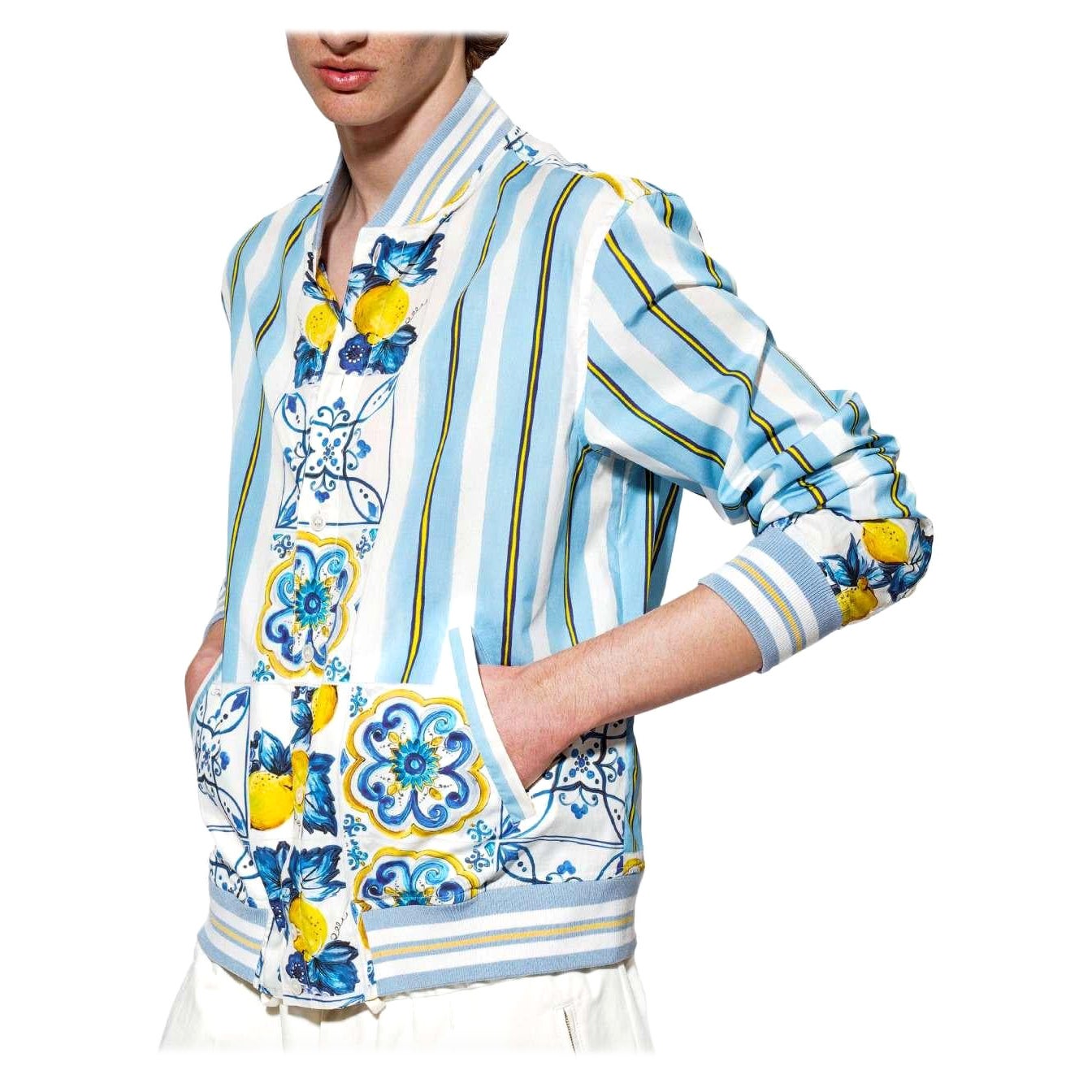 D&G - Majolica Striped Print Cotton Shirt Jacket Blue White Yellow 40 M For Sale