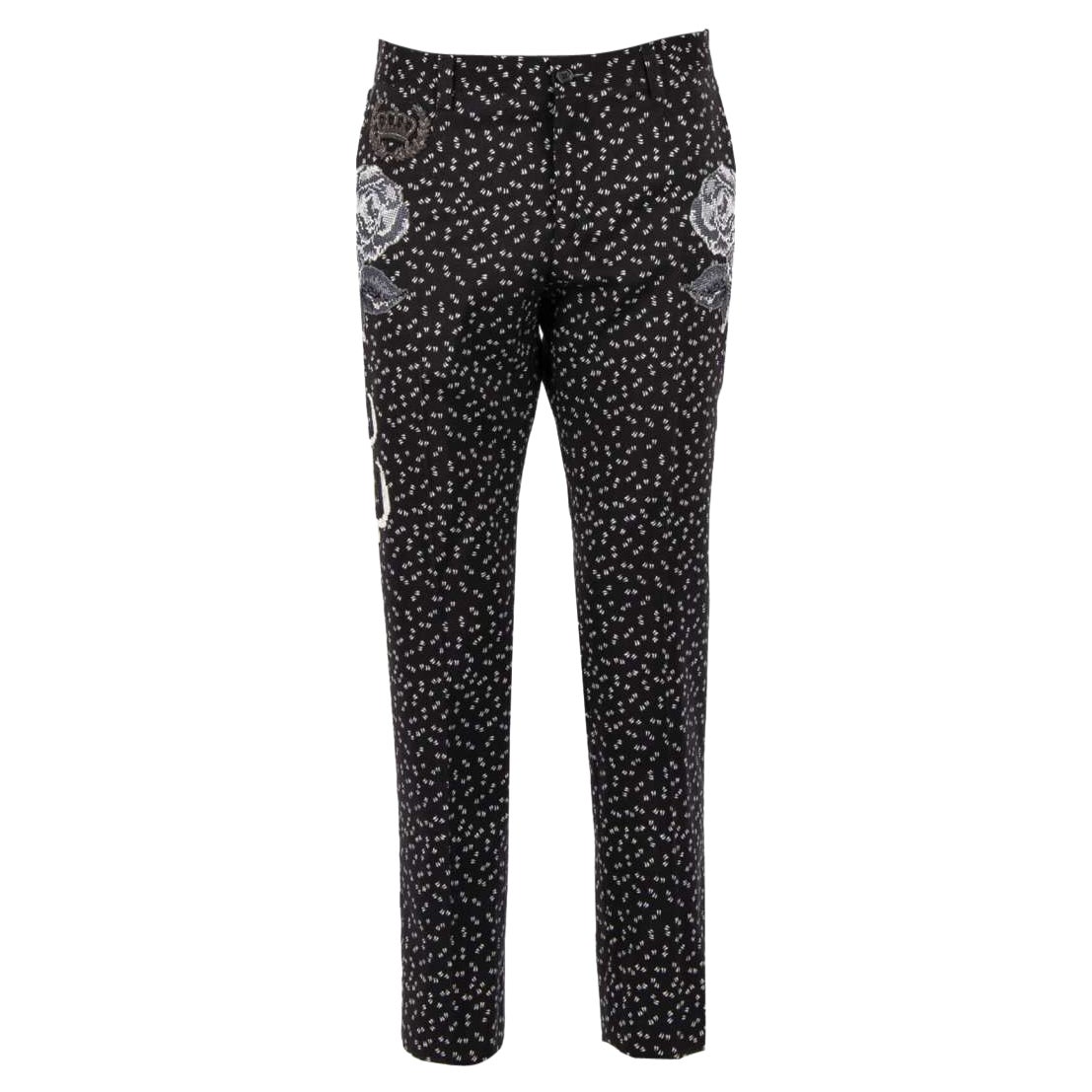 D&G - Virgin Wool Trousers with Flowers, Crown and Bee Embroidery Black 48 For Sale