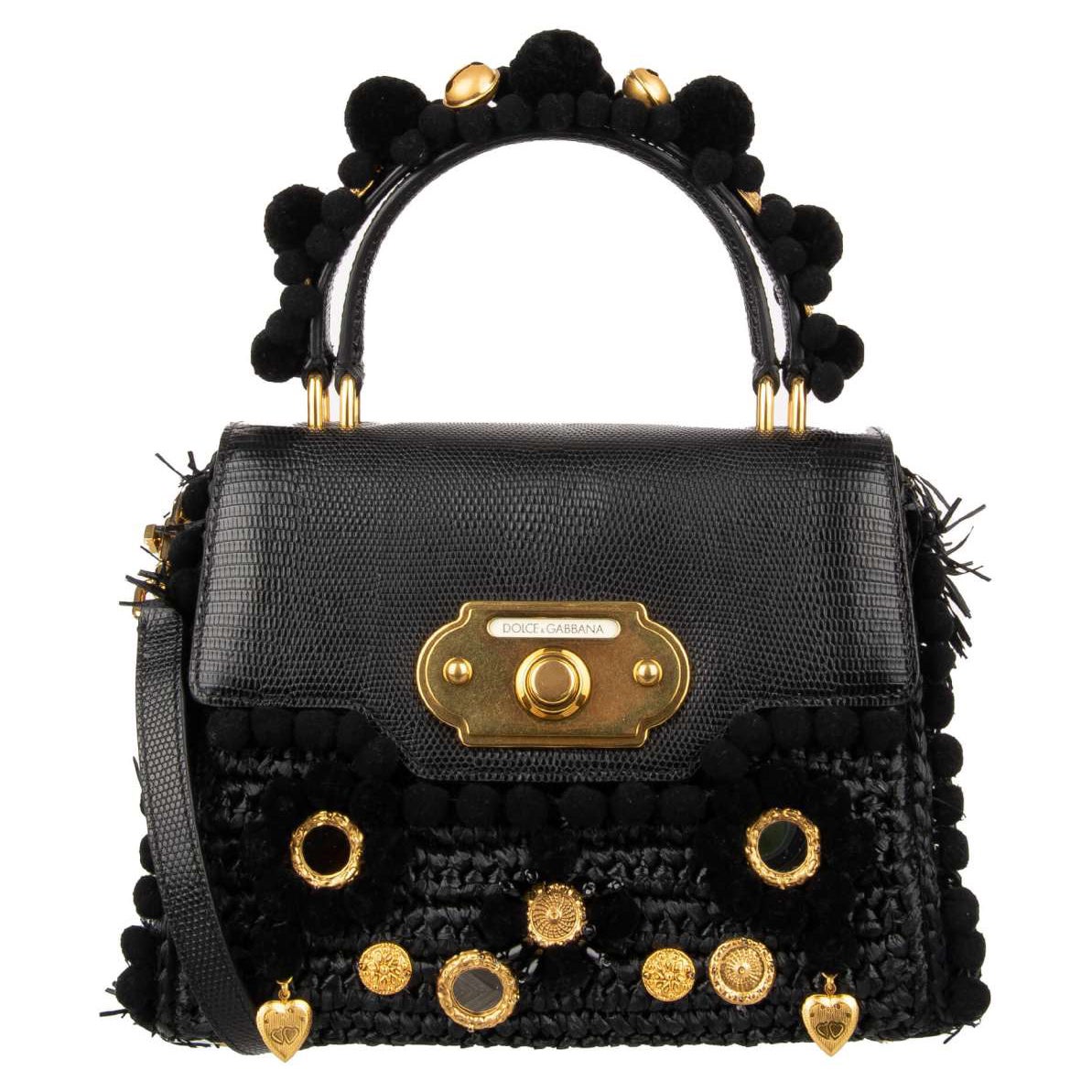 D&G - Raffia and Leather Tote Bag WELCOME with Charms and Pompoms Black For Sale