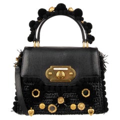D&G - Raffia and Leather Tote Bag WELCOME with Charms and Pompoms Black