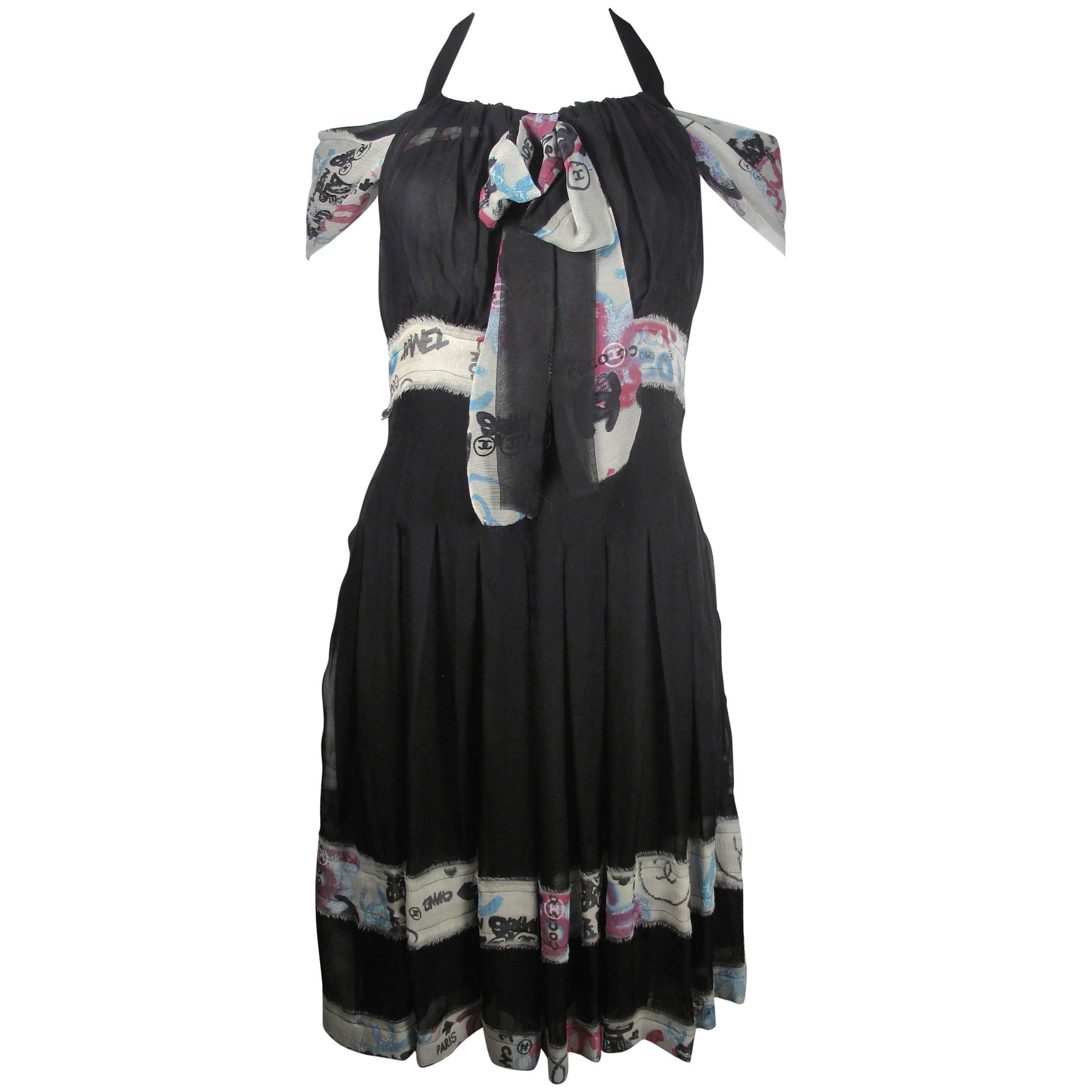 Chanel Graffiti Dress - US 6 - 38 - Black & White Silk CC Logo Blue Pink 07C For Sale