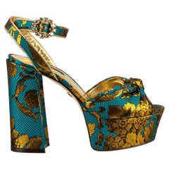 D&G - Baroque Crystal Leather Plateau Pumps Sandals KEIRA Gold Blue 40