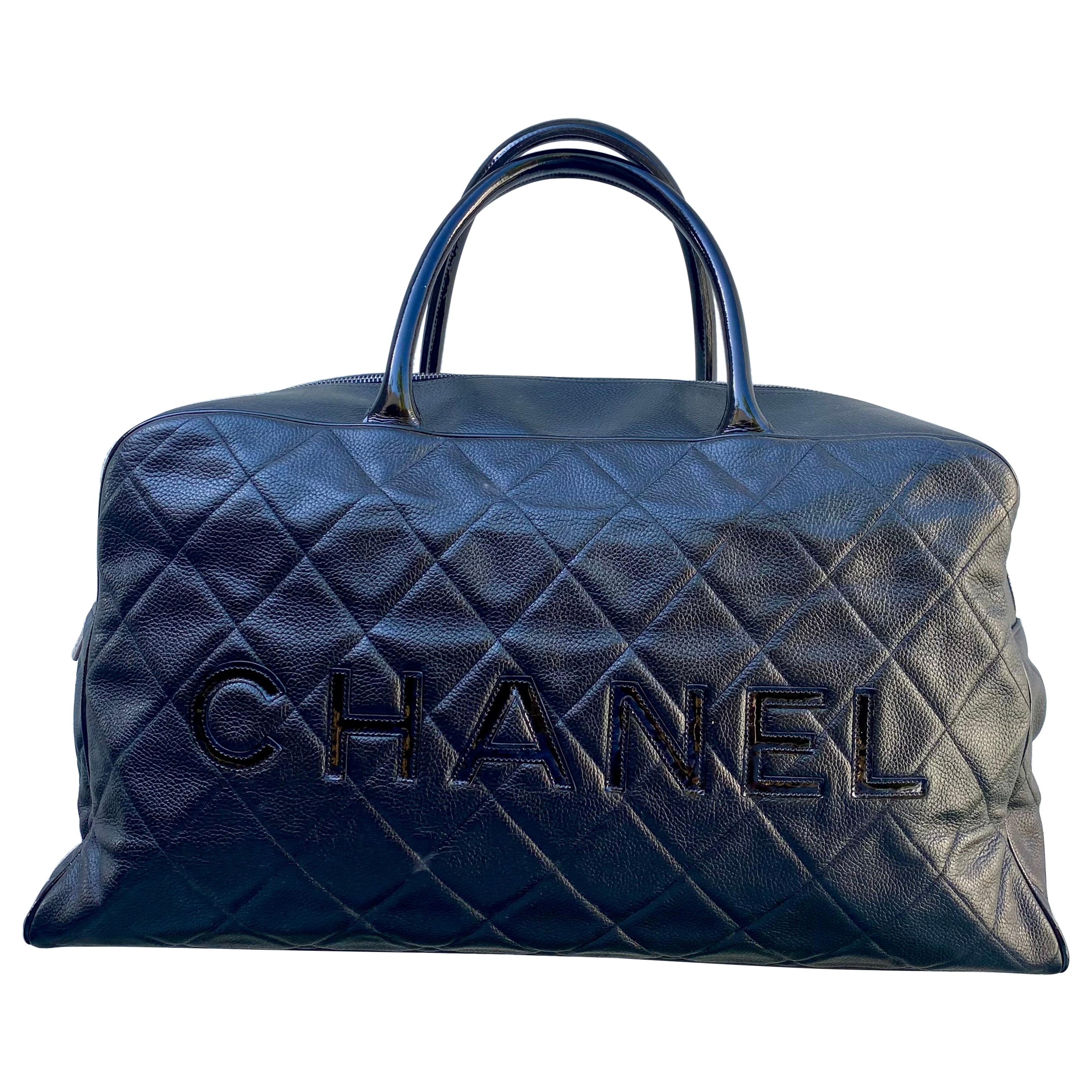 Chanel Rare Vintage Black Caviar Weekender Travel Duffle Shopper Bag For Sale