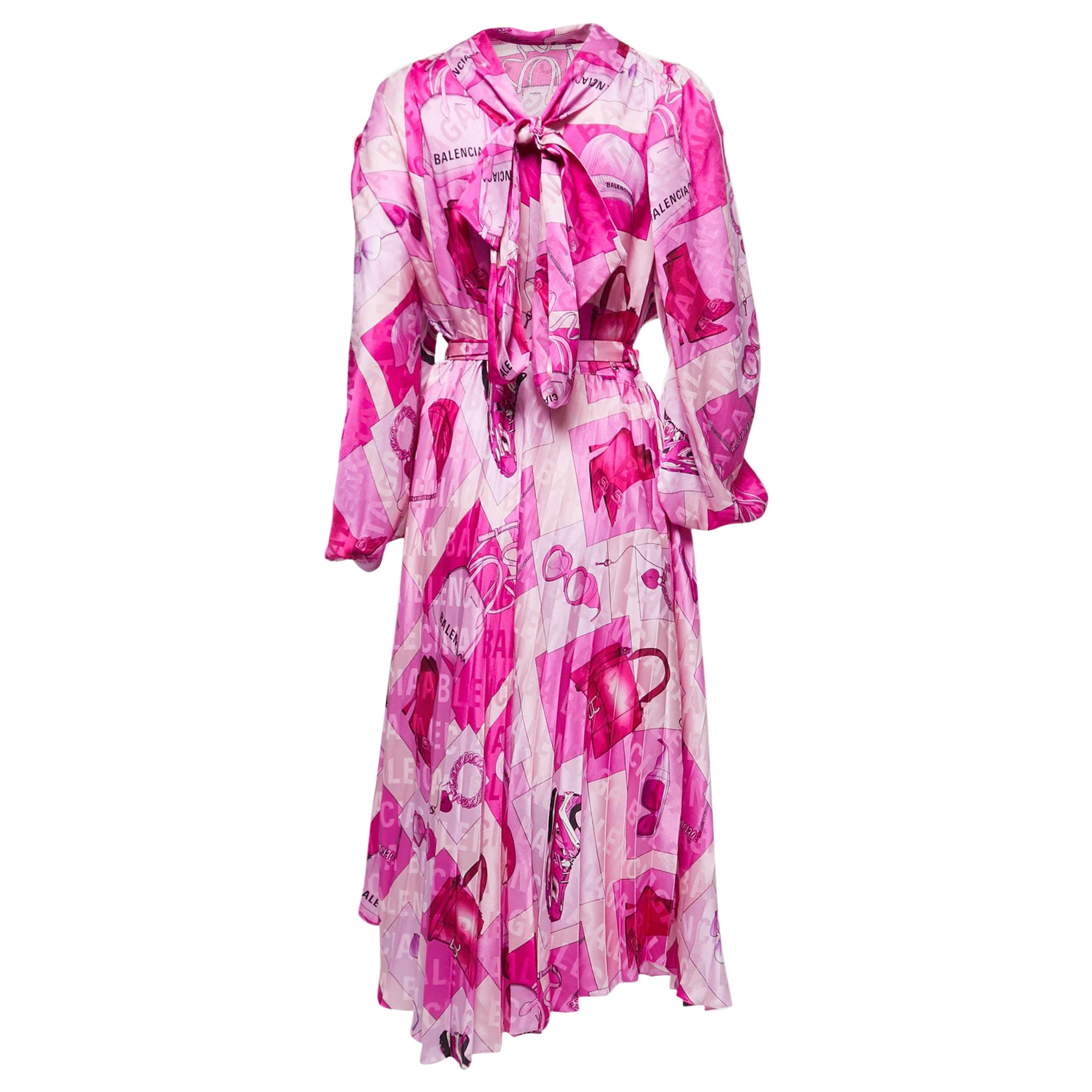 Balenciaga Pink Printed Silk Twisted Asymmetrical Pleated Midi Dress M