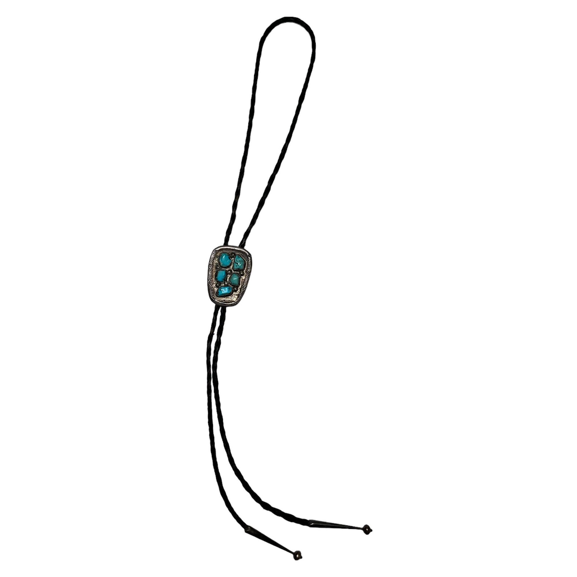 Vintage Early 1960s Native American Navajo Turquoise, Silver & Leather Bolo Tie For Sale