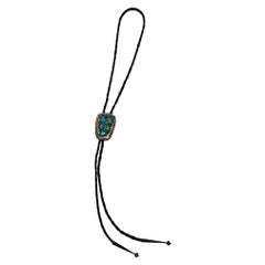 Vintage Early 1960s Native American Navajo Turquoise, Silver & Leather Bolo Tie