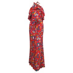 1970's YVES SAINT LAURENT red floral silk halter neck dress with flounce