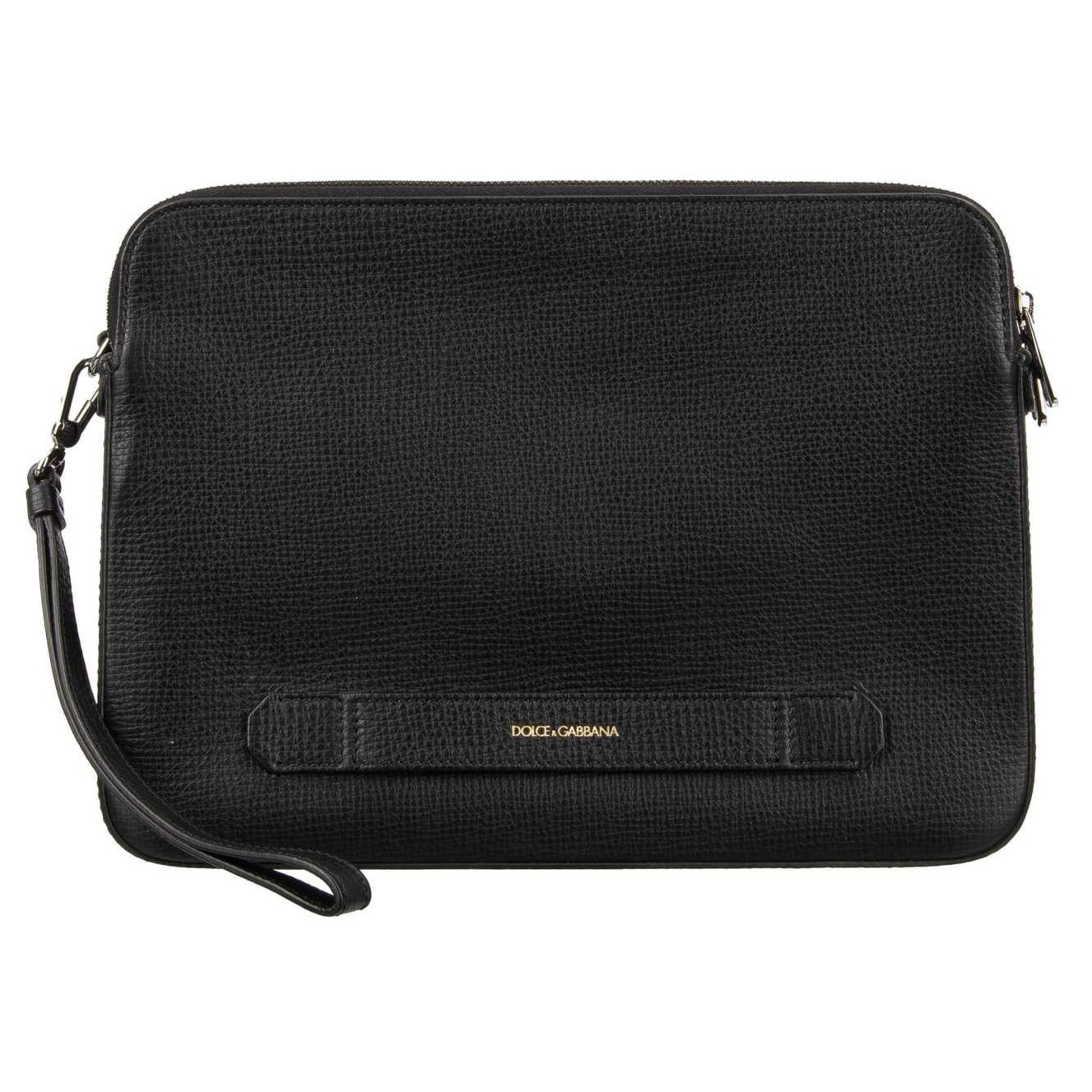 D&G - Palmellato Leather Pouch Briefcase with 3 compartments and Logo Black For Sale