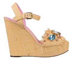 Dolce & Gabbana - Plateau Straw Sandals BIANCA with Crystals Beige EUR 40