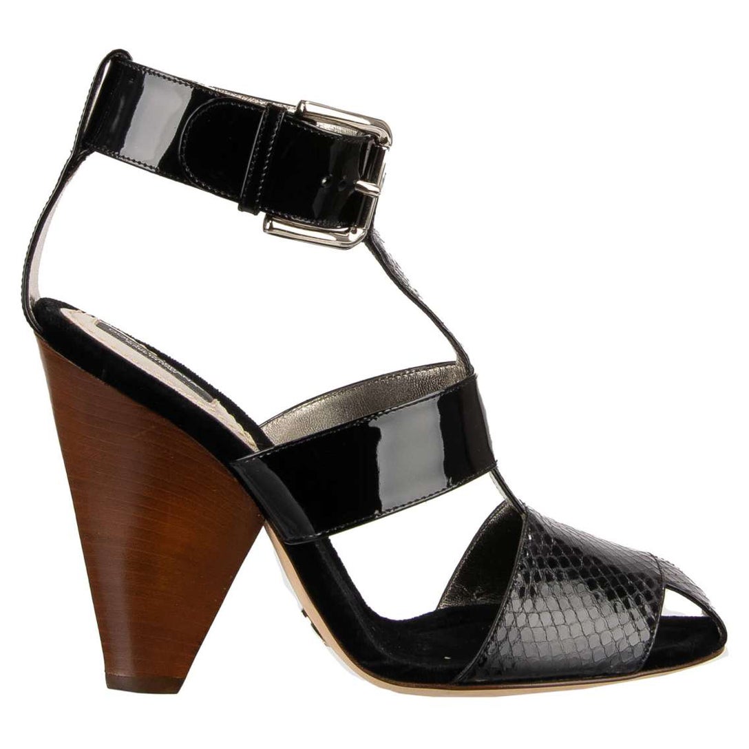 Dolce & Gabbana - Snake Patent Leather Straps Sandals Heels Black 39 9 For Sale