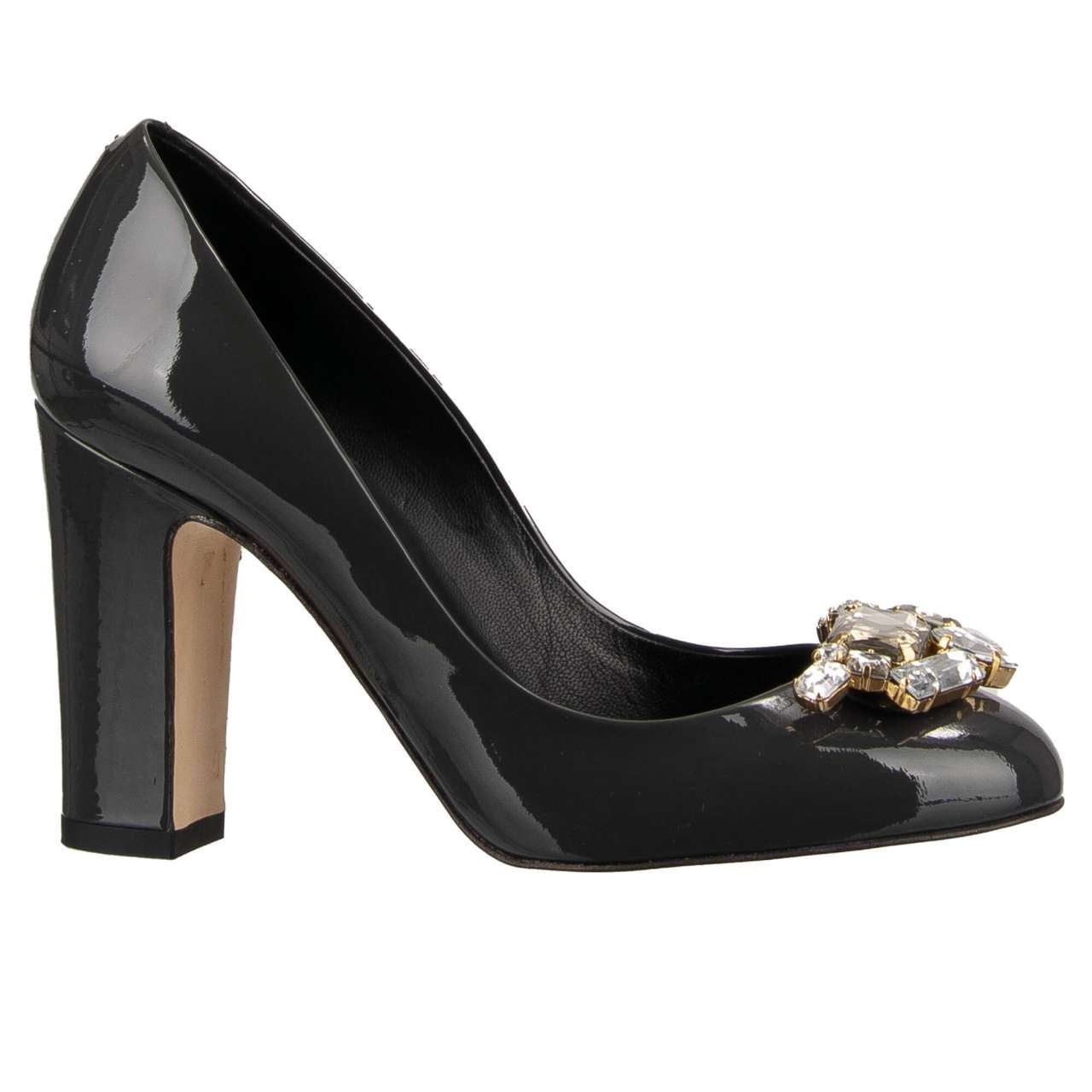 Dolce & Gabbana - Patent Leather Heels Pumps VALLY Crystal Brooch Grey 35 5 For Sale