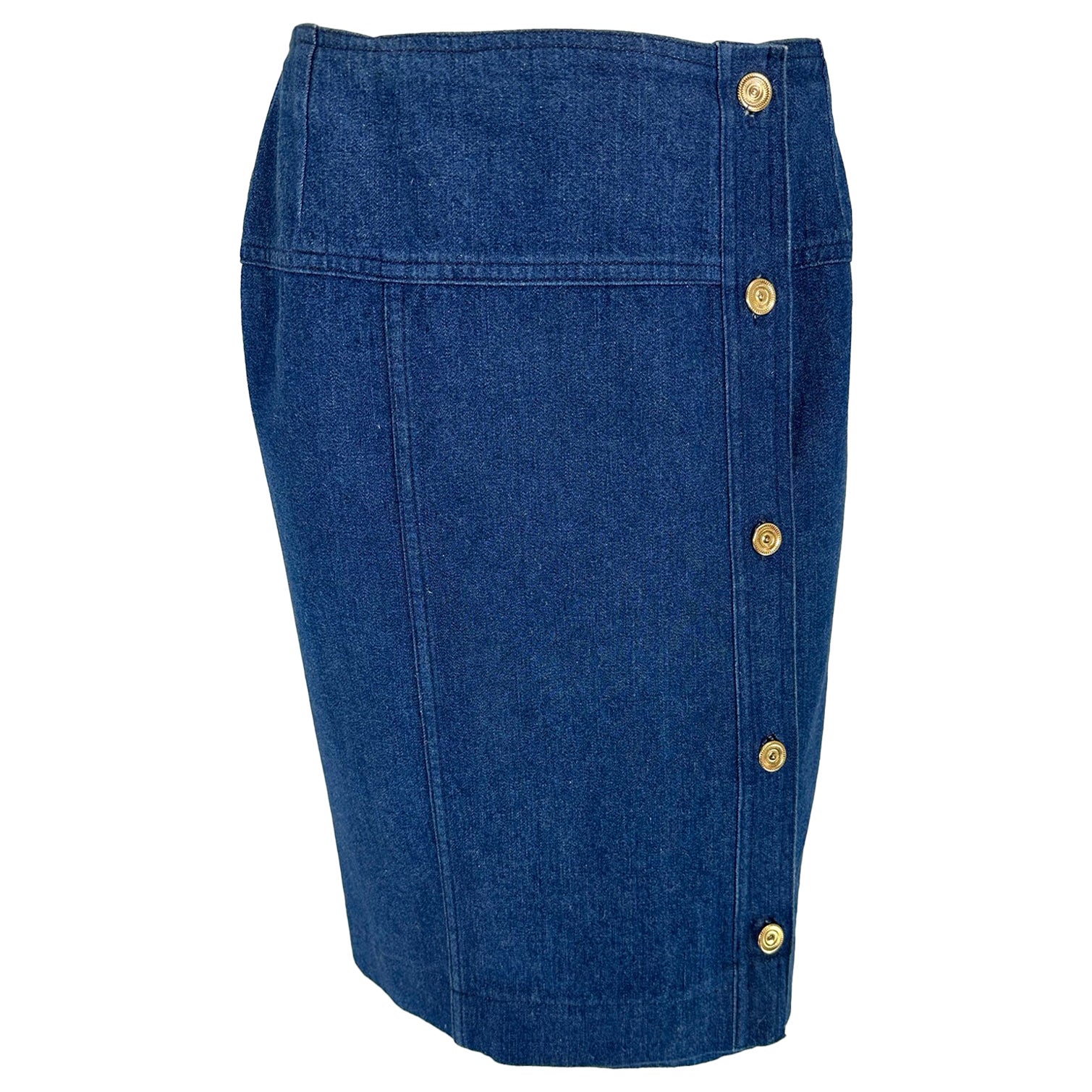 Chanel Cotton Denim Yoke Hip Side Gold Logo Button Skirt  For Sale