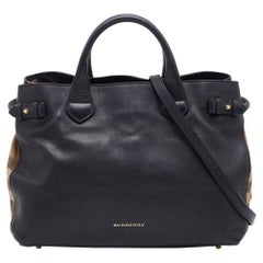 Burberry Black/Beige Leather and House Check Canvas Medium Banner Tote