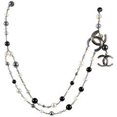 Chanel Pearl Necklace 2011 Black Gray CC Logo Silver Charm Belt Beaded