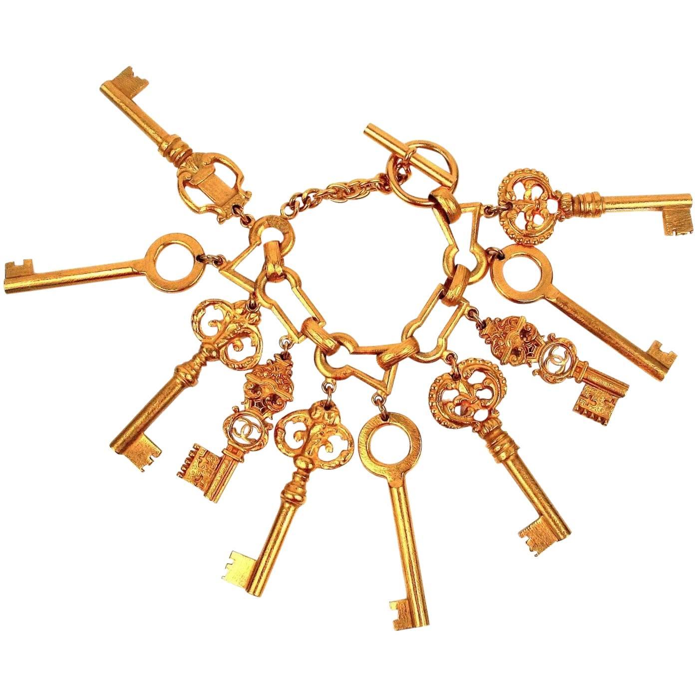 Chanel Skeleton Key Bracelet Vintage Gold Charm CC 93P Cuff Bangle 1993