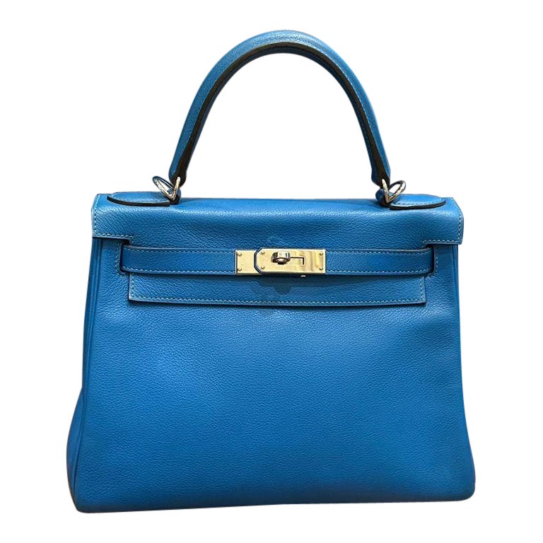 2016 Hermes Blue Zanzibar Evercolor Kelly 28 Bag For Sale
