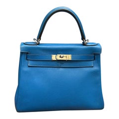 2016 Hermes Blue Zanzibar Evercolor Kelly 28 Bag