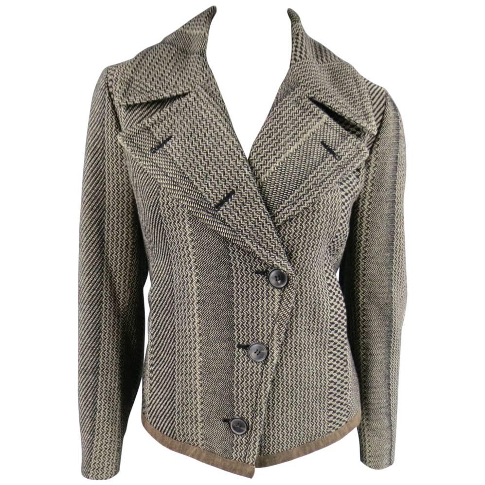 Dries van Noten Beige and Black Print Wool Pointed Lapel Jacket, Size 8 