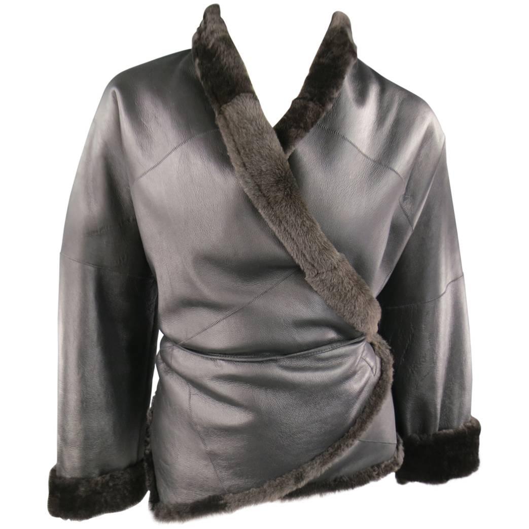 MAX MARA Jacket Size 2 Black & Brown Shearling Cropped Wrap Tie Coat