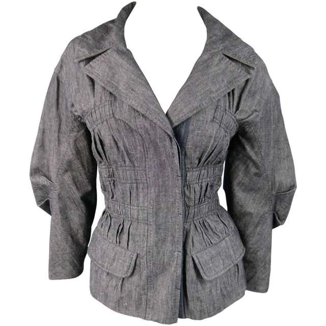 LOUIS VUITTON Jacket - Size 6 Navy Cotton / Ramie Ruched Sleeve Pleated ...