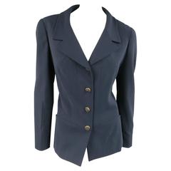 1990s CHANEL Size 10 Navy Wool Gold Knot Button Jacket