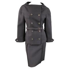 PRADA Size 10 Brown & Navy Plaid Wool High Neckline 60's Style Skirt Suit
