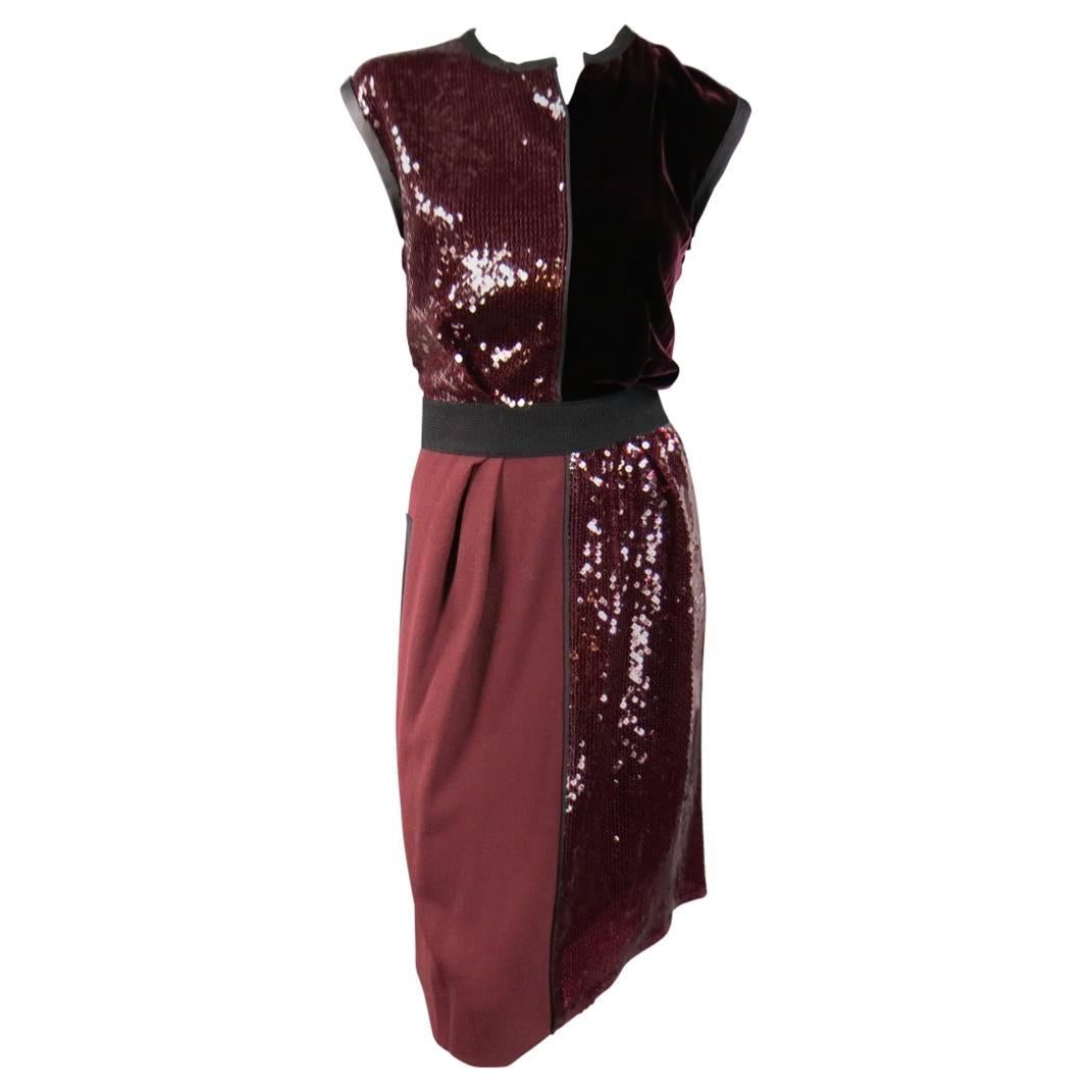 MARC JACOBS Size 4 Burgundy Sequin & Velvet Patchwork Cocktail Dress