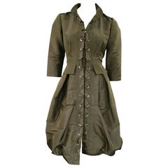 OSCAR DE LA RENTA Size 4 Olive Silk 3/4 Sleeve Lace Up Bubble Skirt Dress