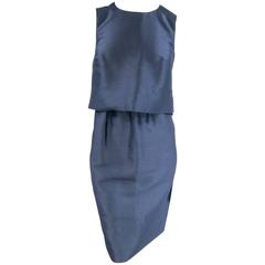 OSCAR DE LA RENTA Size 8 Blue Cotton / Silk Sleeveless Layered Snap Dress