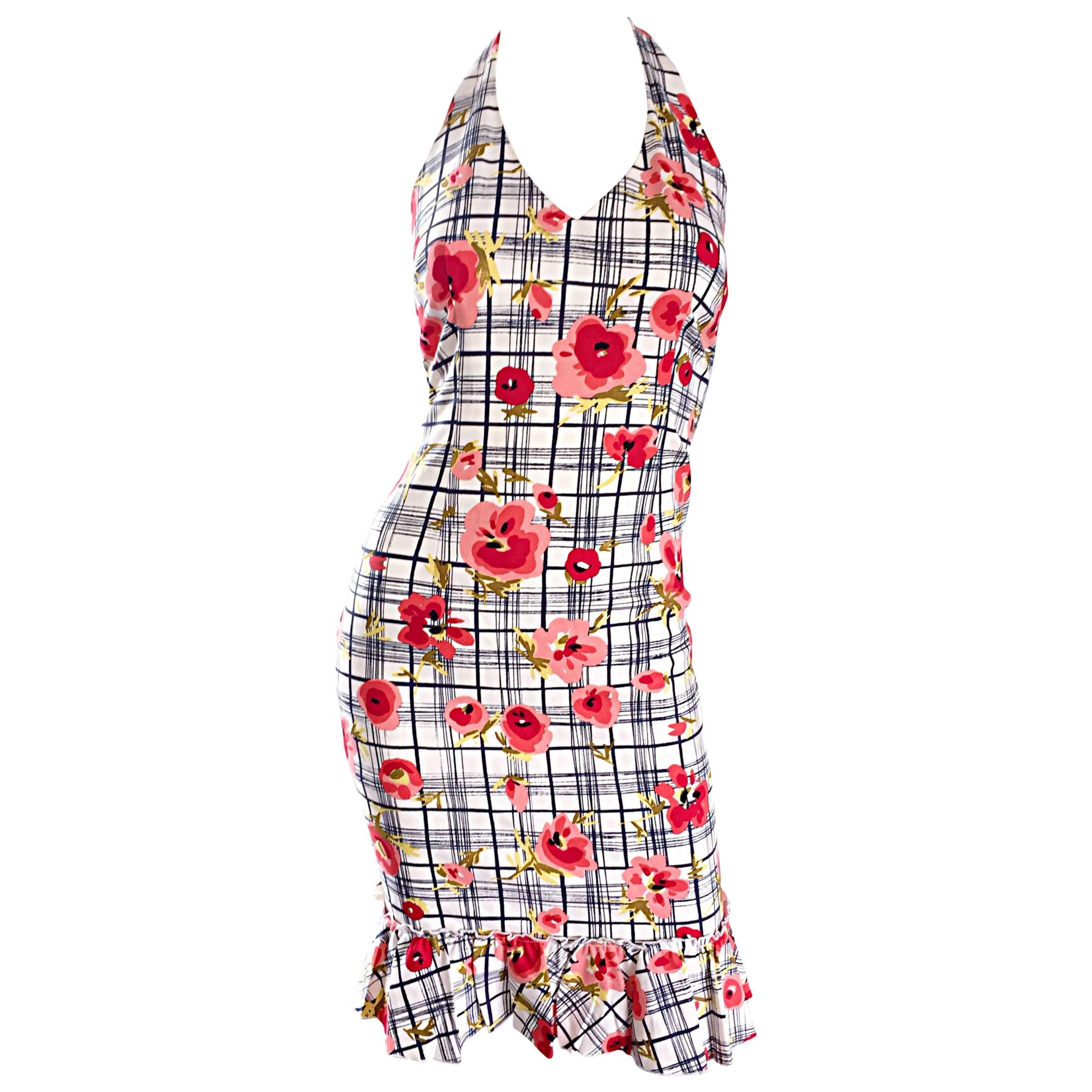 Vintage Moschino Cheap & Chic Size 4 1990s 3 D Plaid Flowers 90s Bodycon Dress 