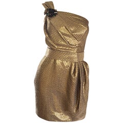 Matthew Williamson Gold / Bronze Jacquard Jeweled Belted One Shoulder Toga Dress