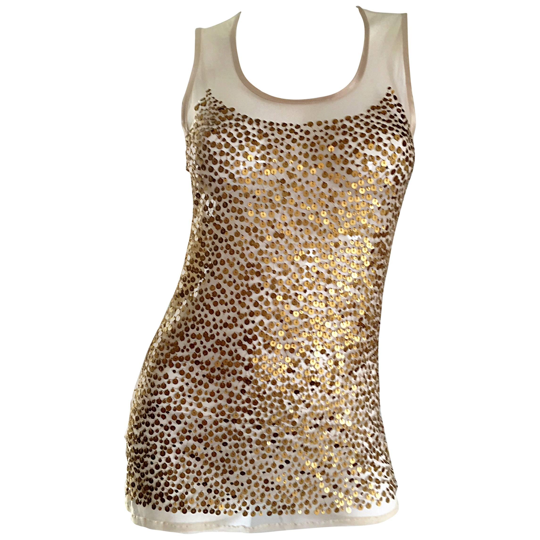 Gianfranco Ferre Vintage 90s Gold / Bronze Sequin Semi Sheer Illusion Blouse Top For Sale