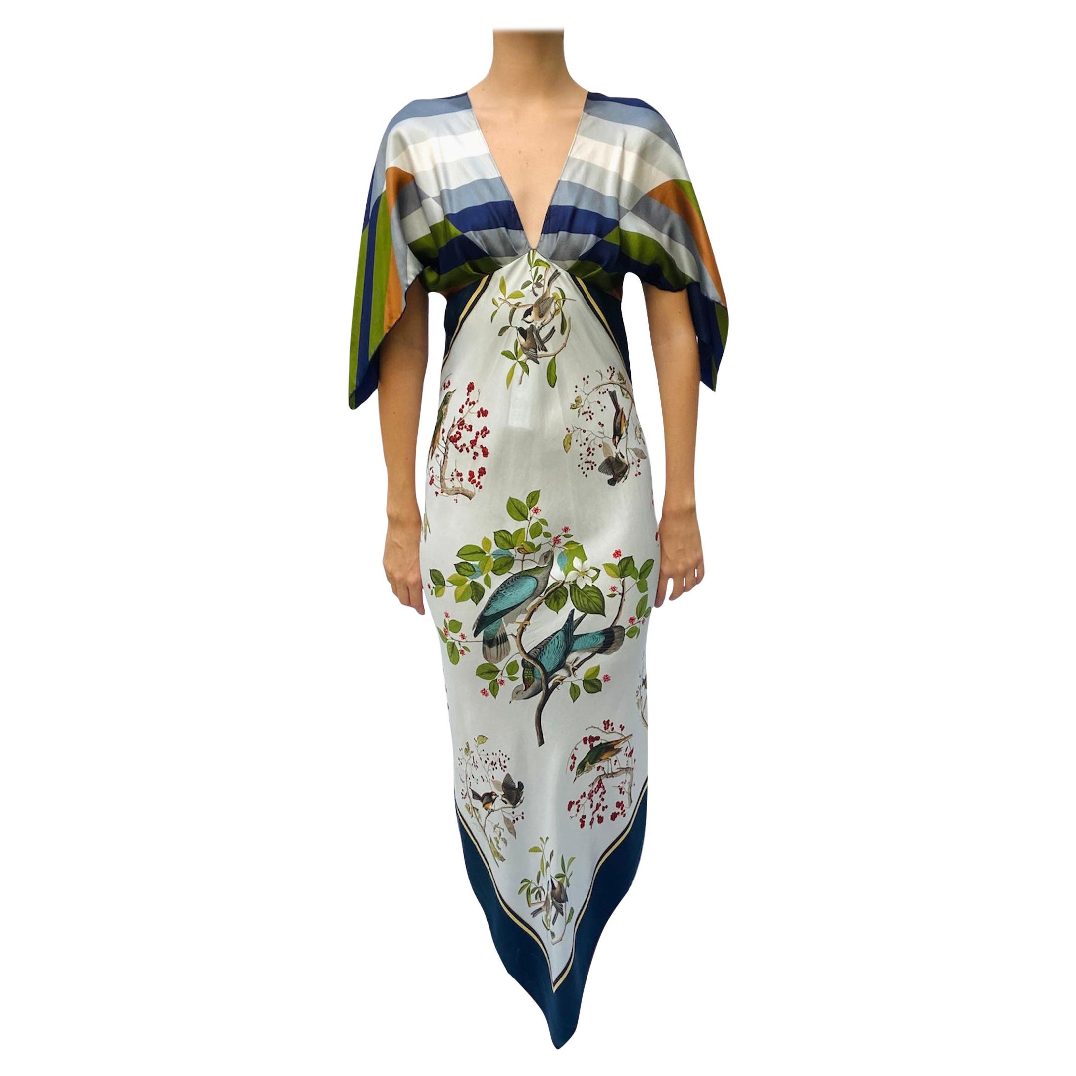 Morphew Collection Olive Green, Navy Blue & White Silk Bird Print 2-Scarf Dress For Sale