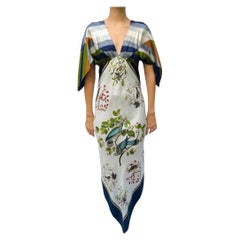Morphew Collection Olive Green, Navy Blue & White Silk Bird Print 2-Scarf Dress