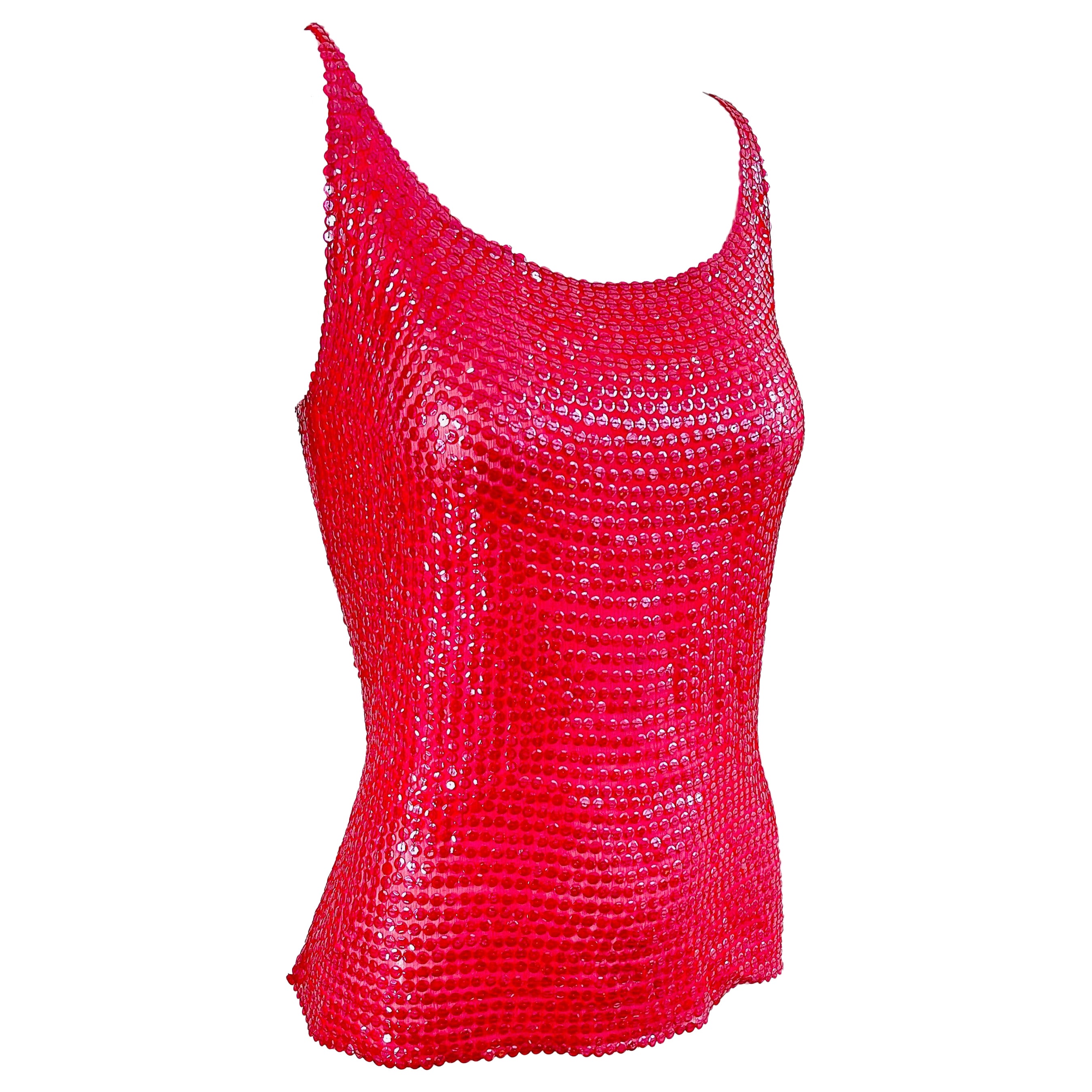 Halston 1970s Lipstick Red Silk Chiffon Fully Sequin Vintage 70s Sleeveless Top For Sale