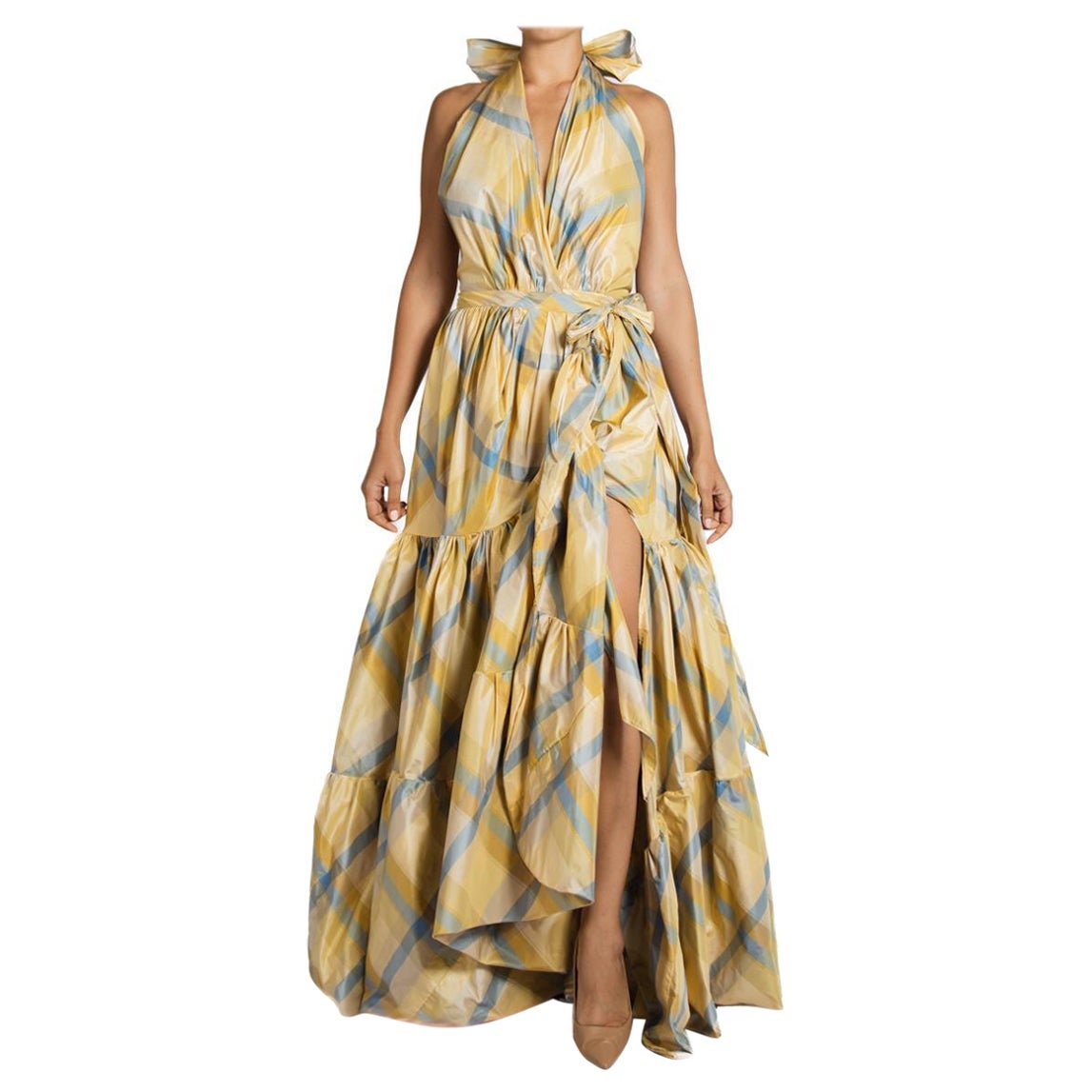 Morphew Collection Yellow & Blue Silk Taffeta Plaid Gown For Sale