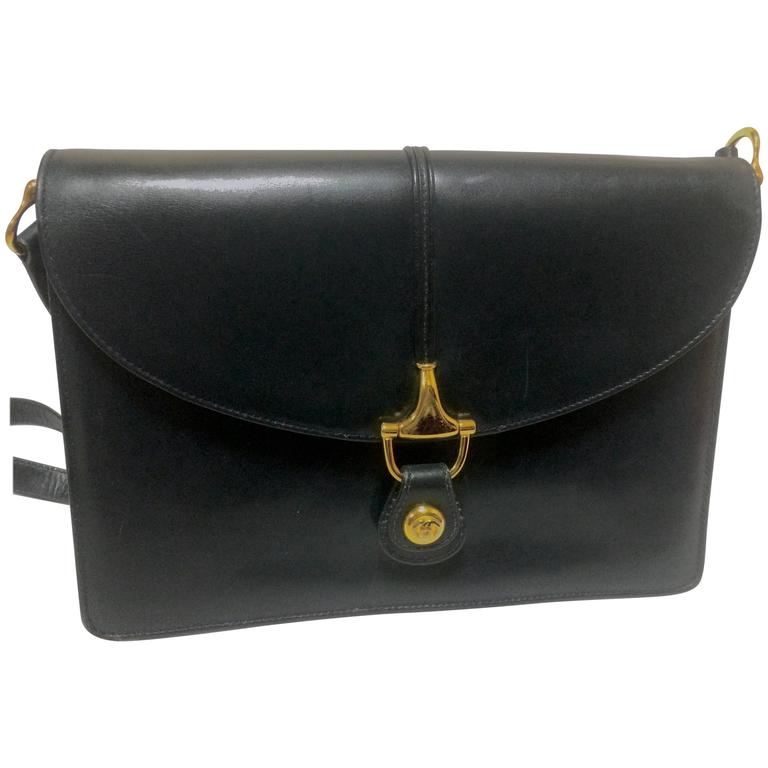 80’s Vintage Gucci navy leather shoulder bag with golden horsebit motif ...