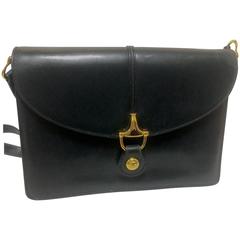 80’s Vintage Gucci navy leather  shoulder bag with golden horsebit motif closure