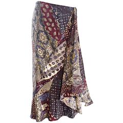 Vintage Kenzo Boho 1970s Asymmetrical French Paisley Printed 70s Silk Skirt 38