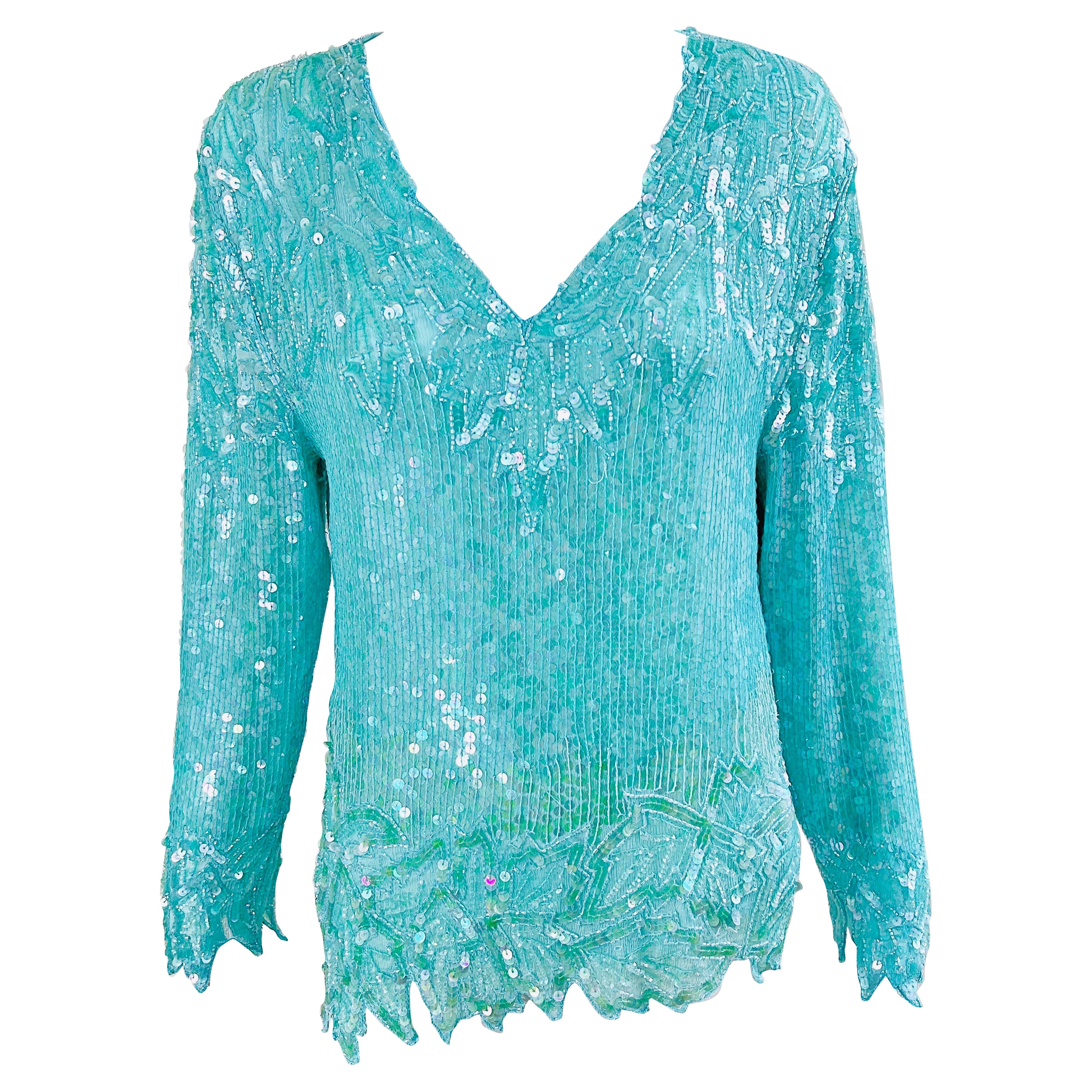 1980s Swee Lo Turquoise Blue Sequin Beaded Silk Chiffon Vintage 80s Blouse For Sale
